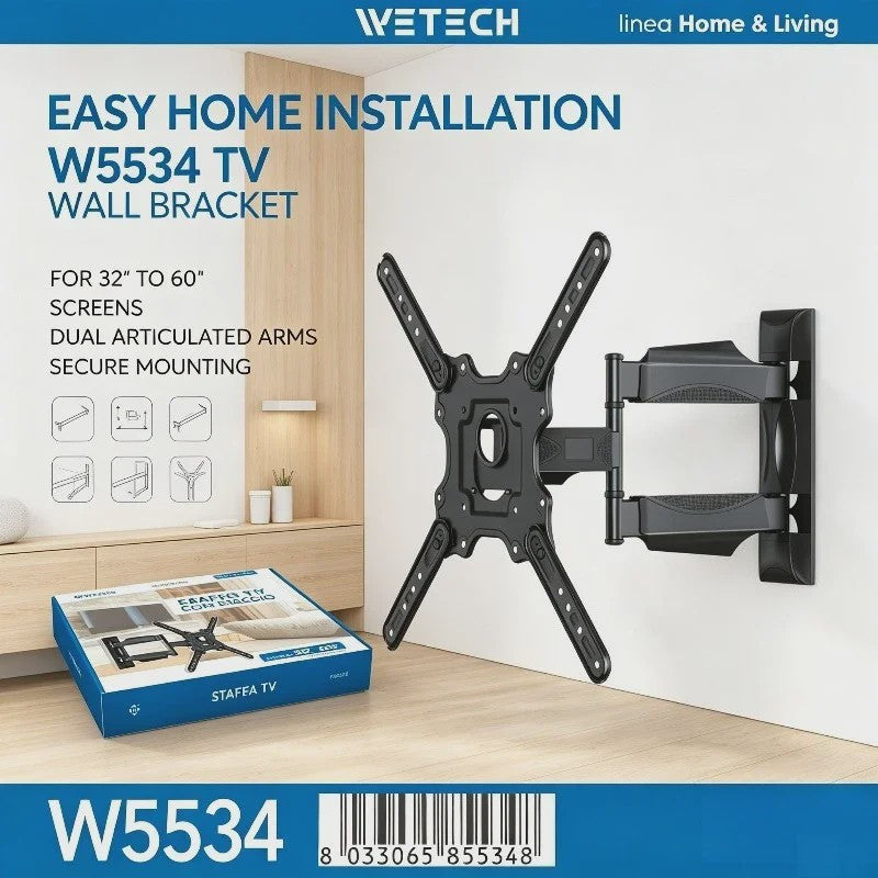 WETECH W5534 TV Muurbeugel - Dubbele Arm, Volledig Verstelbaar voor 32-60 Inch TV's, 32kg Draagvermogen, VESA 100-400mm