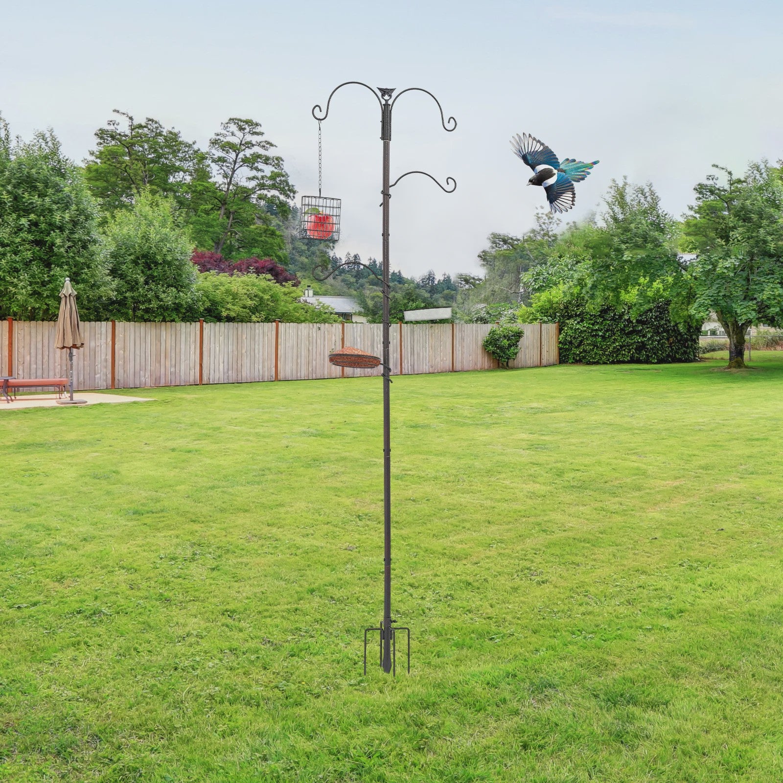 Voederpaal Vogelhuisje met 4 Haken - 190 cm Hoog - Zwaar Staal - Inclusief Voerbak & Waterbak