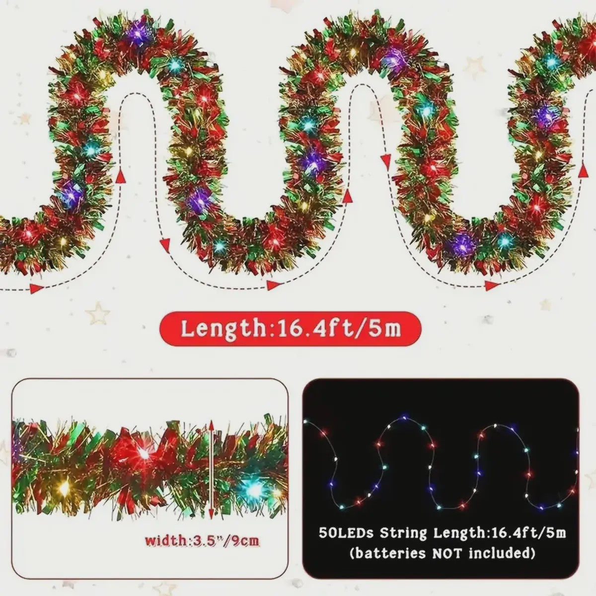 Kerst Slinger met LED Verlichting - Glanzend Metallic Decoratie voor Kerstboom & Huis