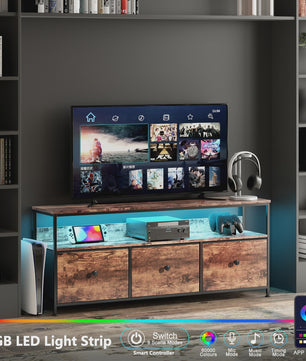Vintage TV Meubel met LED Verlichting en 3 Stoffen Lades - Industrieel Design