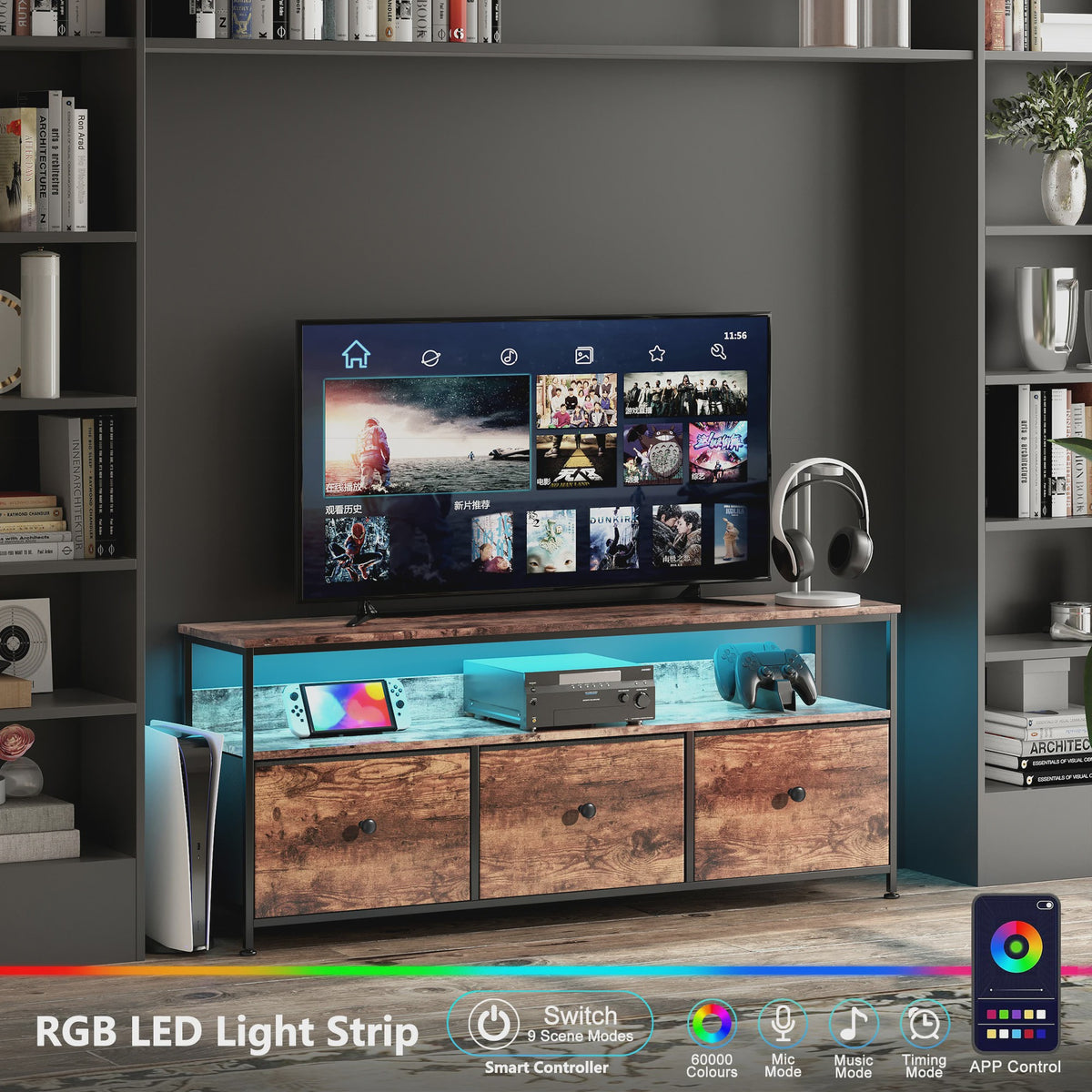 Vintage TV Meubel met LED Verlichting en 3 Stoffen Lades - Industrieel Design