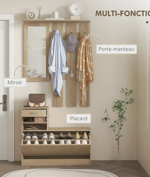 HOMCOM 3-in-1 Entree Meubelset: Kapstok, Spiegel & Schoenbank met 6 Haken en Verstelbare Plank - Natuurlijk Houtdecor