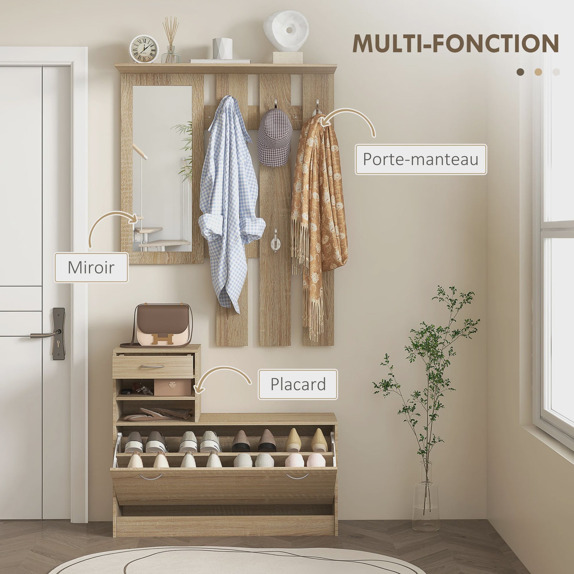 HOMCOM 3-in-1 Entree Meubelset: Kapstok, Spiegel & Schoenbank met 6 Haken en Verstelbare Plank - Natuurlijk Houtdecor