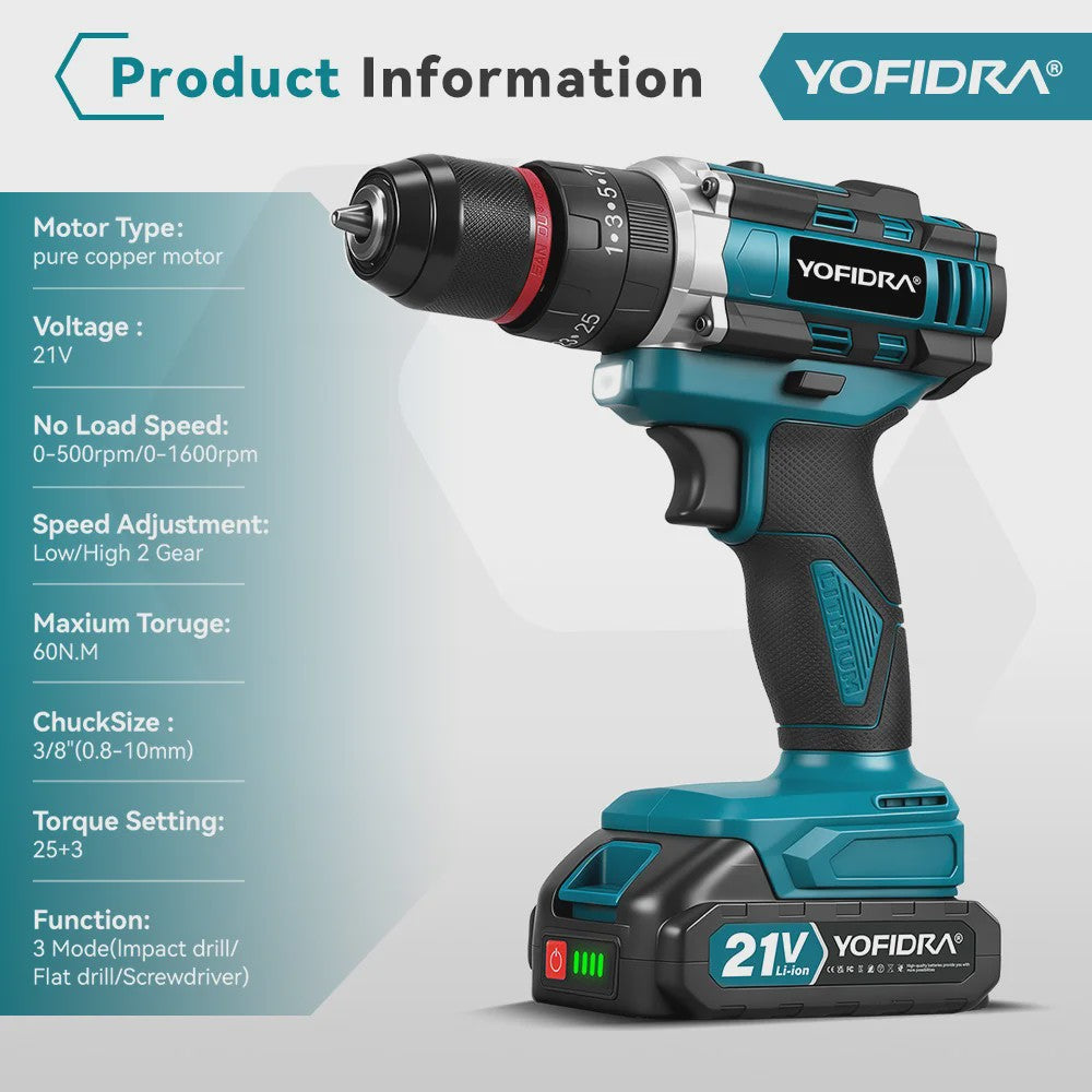 YOFIDRA 21V Accu Klopboormachine 3-in-1 met 25+3 Koppelinstellingen en LED Verlichting