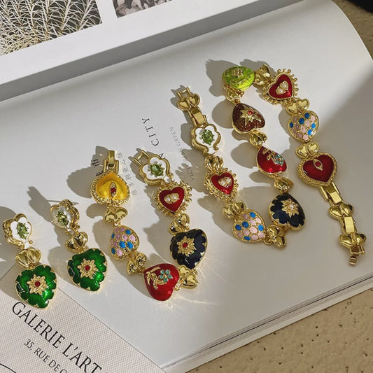 Retro Kleurrijke Hart & Bloem Ketting & Oorbellen Set - Paleis Stijl