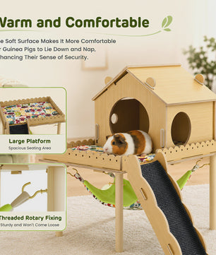 3-in-1 Houten Huisje met Hangmat en Trap voor Cavia's en Kleine Huisdieren