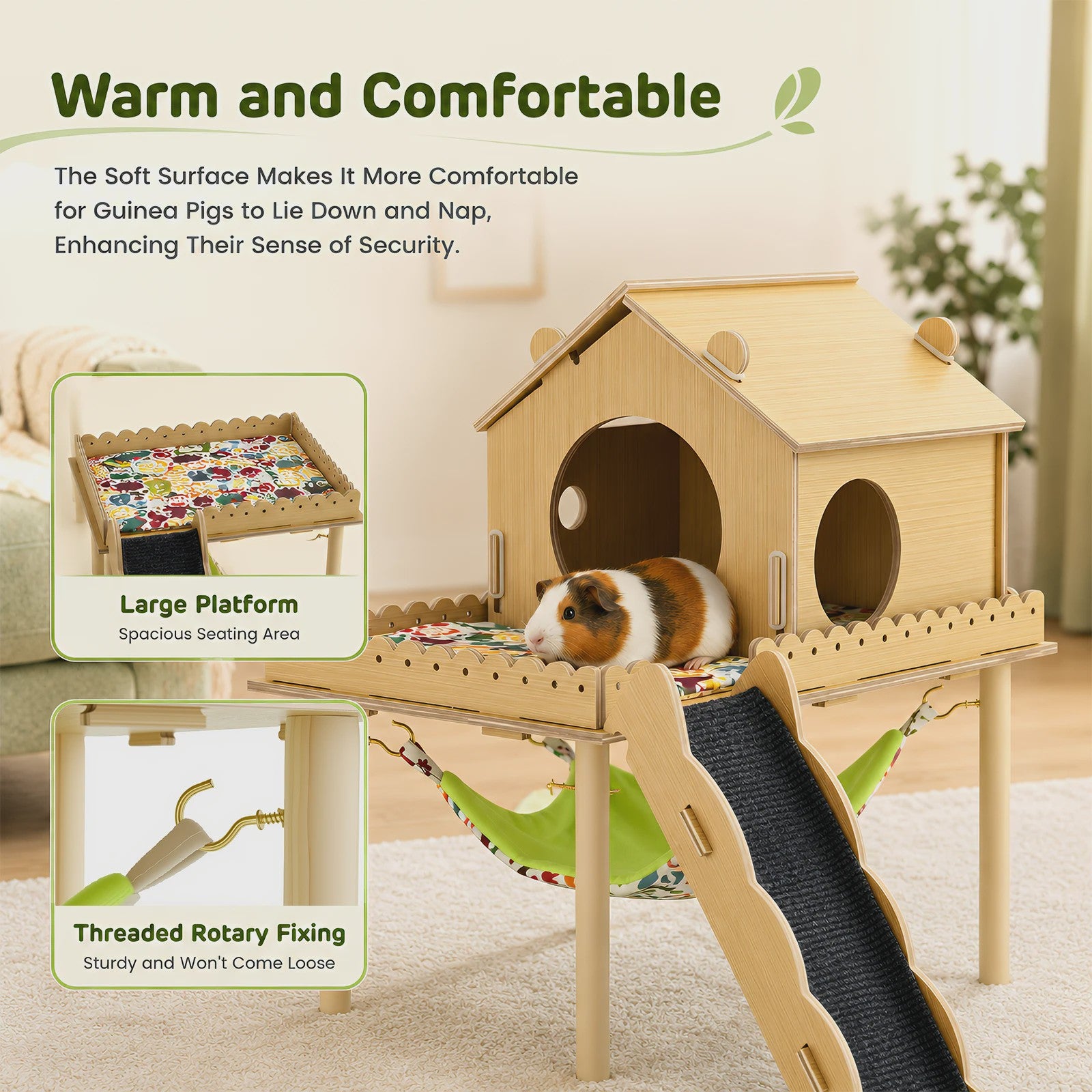 3-in-1 Houten Huisje met Hangmat en Trap voor Cavia's en Kleine Huisdieren