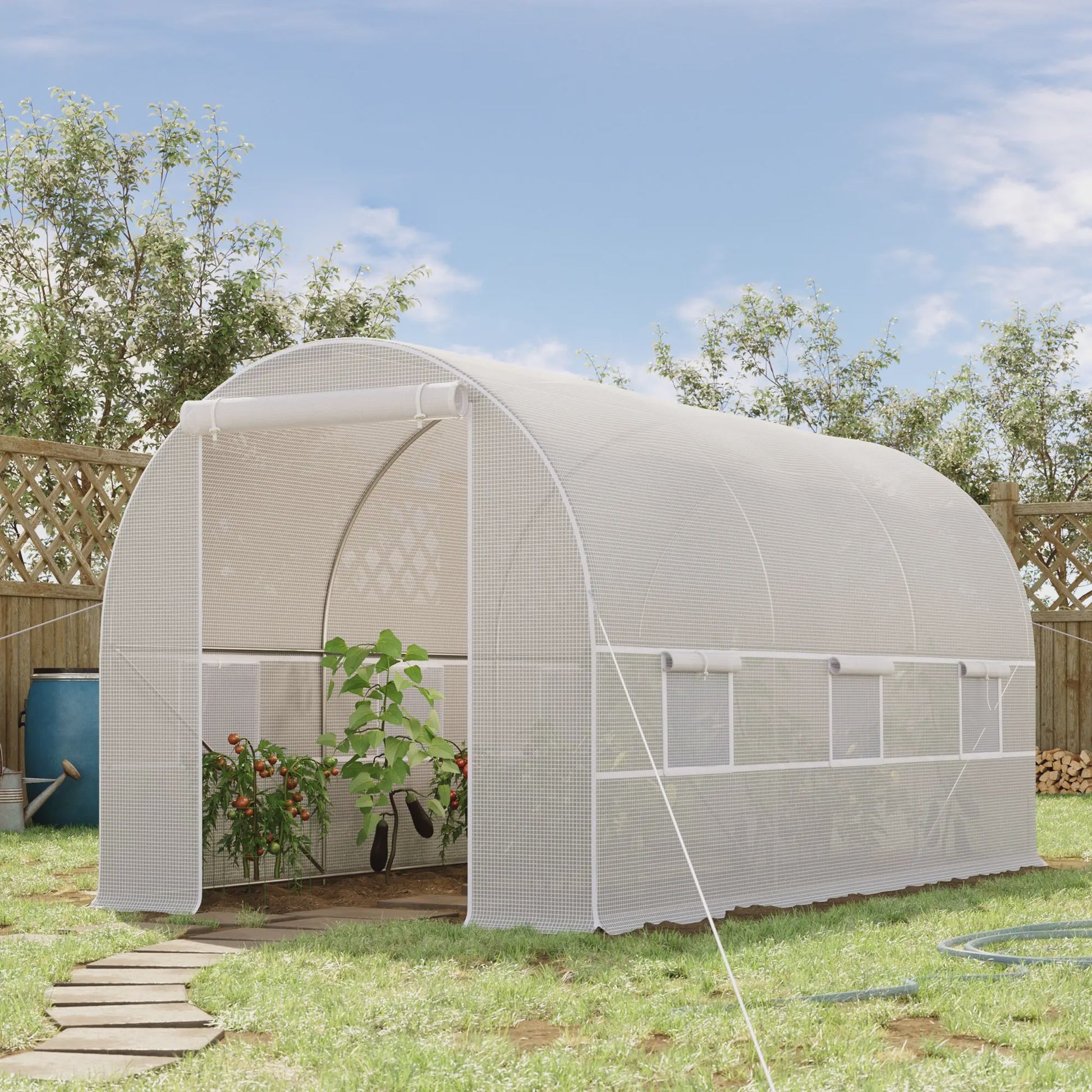 Outsunny greenhouse 8 sqm garden tunnel, tunnel greenhouse garden 400x200x cm with door and 6 windows, for outside, all seasons, vegetables, fruits, flowers, tarpaulin PE high density 140g/m² White