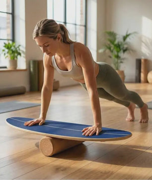 Houten Balance Board Trainer met Kurken Roller & Opbergrek - Blauw