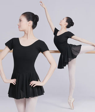 Zwart Balletpakje met Korte Mouwen en Chiffon Rokje - Dans, Gymnastiek, Yoga