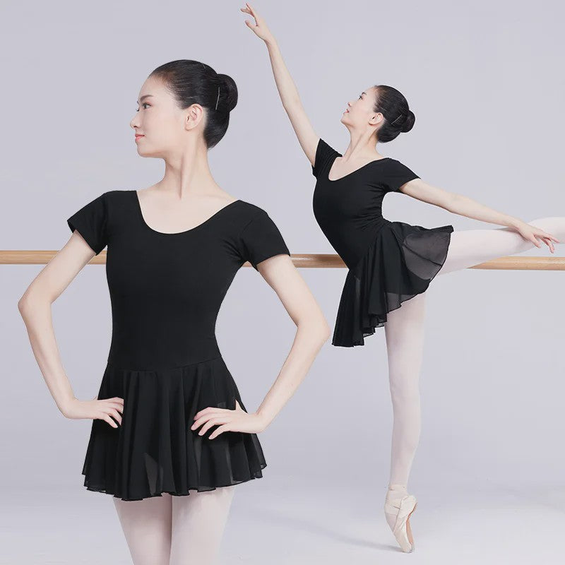 Zwart Balletpakje met Korte Mouwen en Chiffon Rokje - Dans, Gymnastiek, Yoga