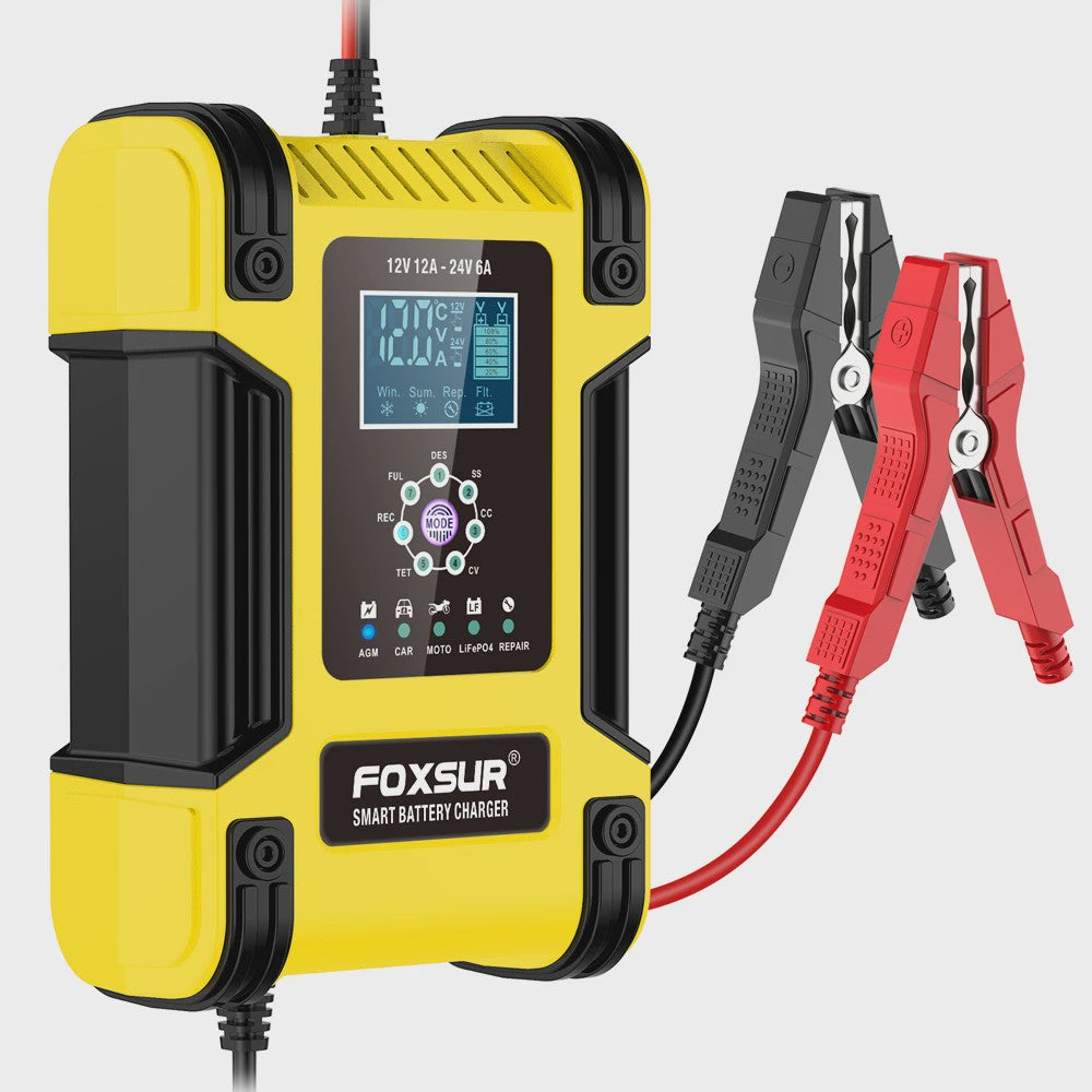 Foxsur Slimme Automatische Acculader 12V/24V met Digitaal Display en Reparatie Modus