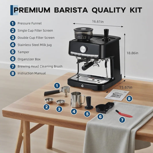 HiMISS Volautomatische Espressomachine met Ingebouwde Grinder en Melkopschuimer - 15 Bar