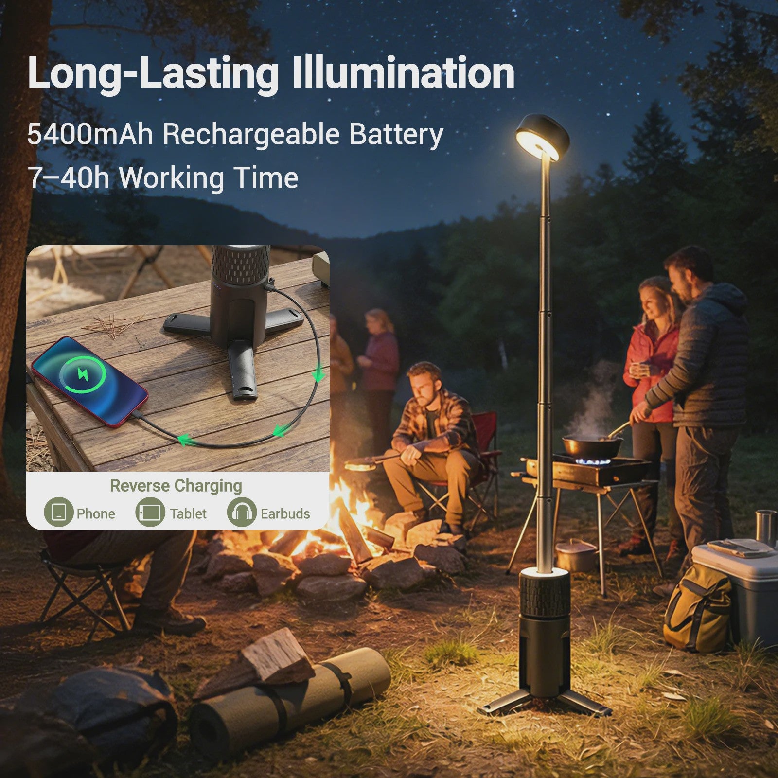 Telescopische Campinglamp met LED, Draagbare Noodverlichting & Powerbank Functie