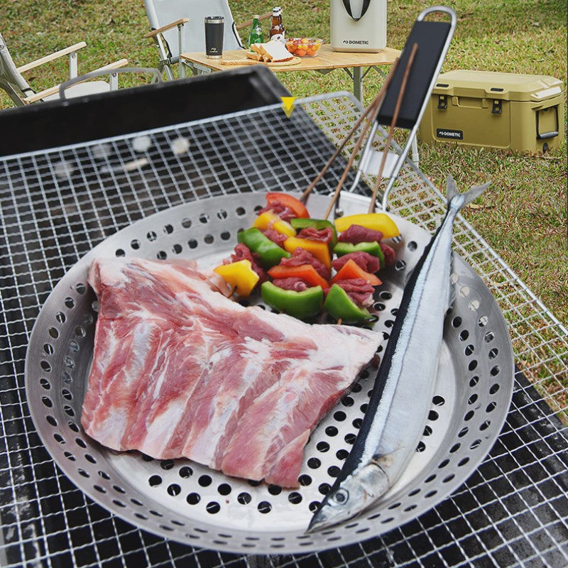 Ronde BBQ Grill Pan met Houten Handvat - Draagbaar & Duurzaam voor Buiten