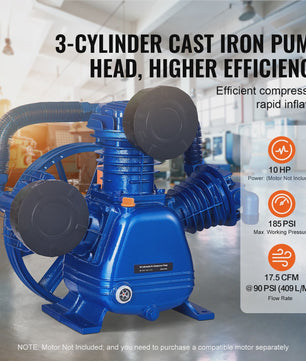 10PK 3-Cilinder Oliegesmeerde Compressor Pompkop - 90PSI, V-Type
