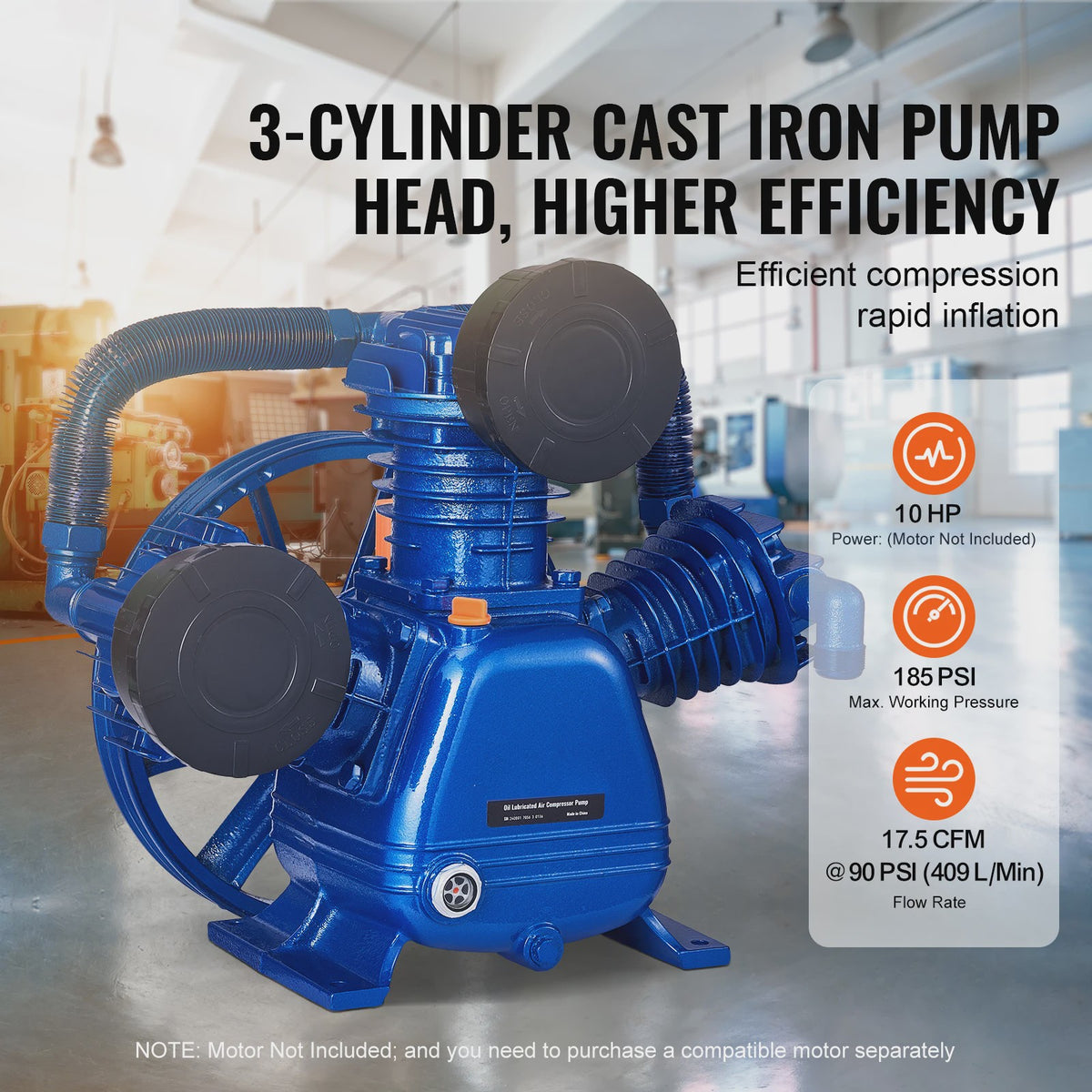 10PK 3-Cilinder Oliegesmeerde Compressor Pompkop - 90PSI, V-Type