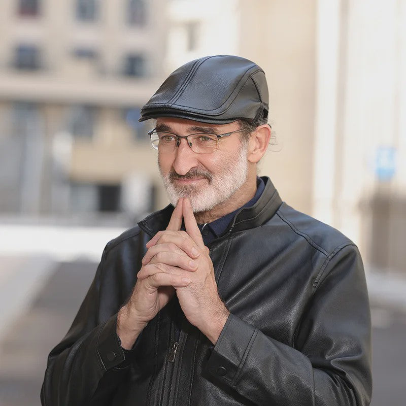 Stijlvolle Leren Baret voor Heren - Imitatie Schapenvacht Pet