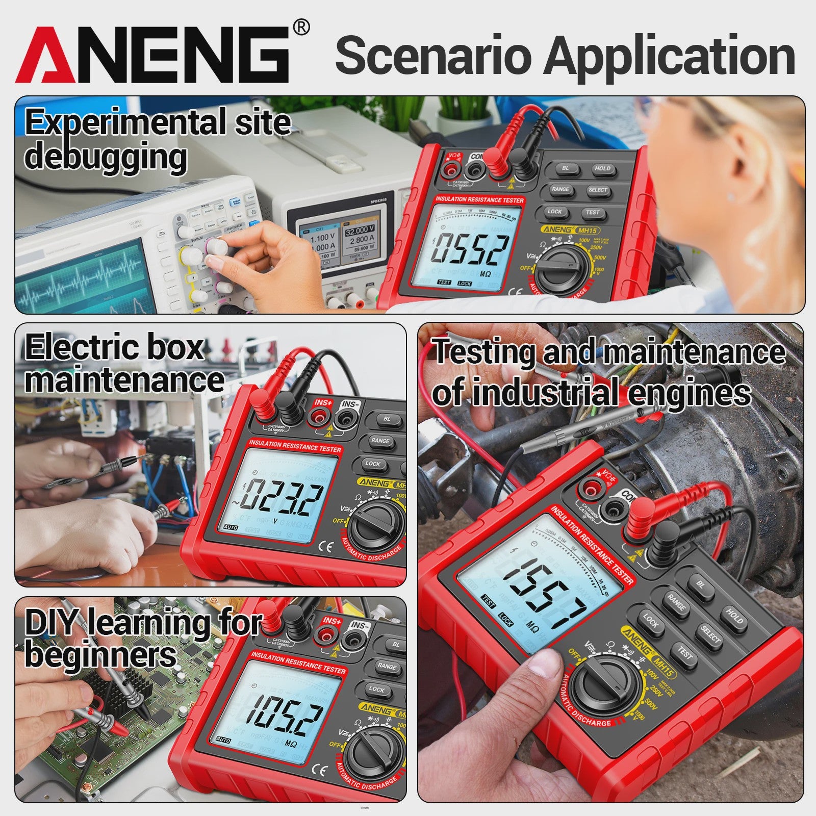 ANENG MH15 Digitale Isolatiemeter - 6000 Counts Weerstandsmeter met 100V/250V/500V/1000V Testspanning