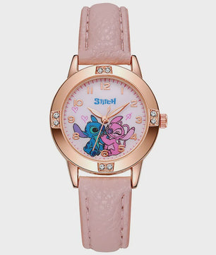 Schattig Stitch Kinderhorloge met Leren Band en Kristallen Wijzerplaat - Perfect Cadeau
