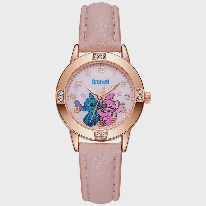 Schattig Stitch Kinderhorloge met Leren Band en Kristallen Wijzerplaat - Perfect Cadeau