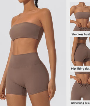 Strapless Sportset Dames: 2-delige Yoga Outfit met Crop Top en Shorts