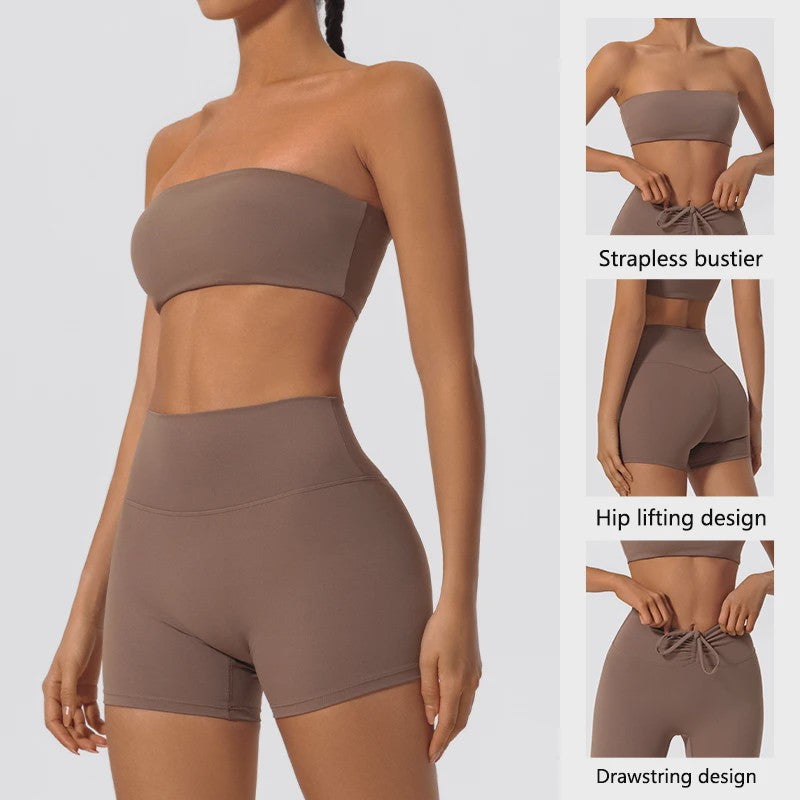 Strapless Sportset Dames: 2-delige Yoga Outfit met Crop Top en Shorts