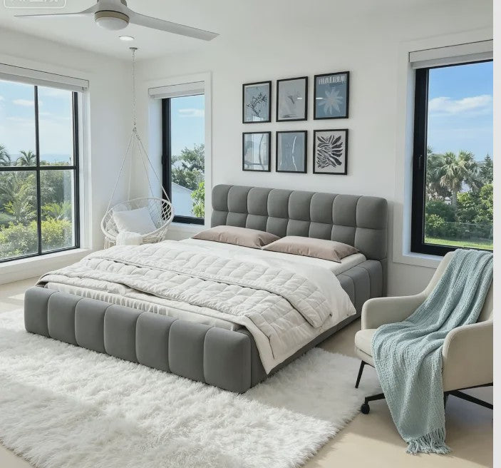 Luxe Gestoffeerd Bubble Bed 160x200 cm met Lattenbodem en Zacht Hoofdbord - Stijlvol Slaapkamermeubel