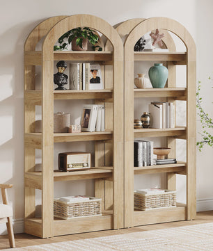 Houten Boekenkast met 5 Bogen - 71.6 Inch Hoge Staande Opbergkast in Teak Kleur