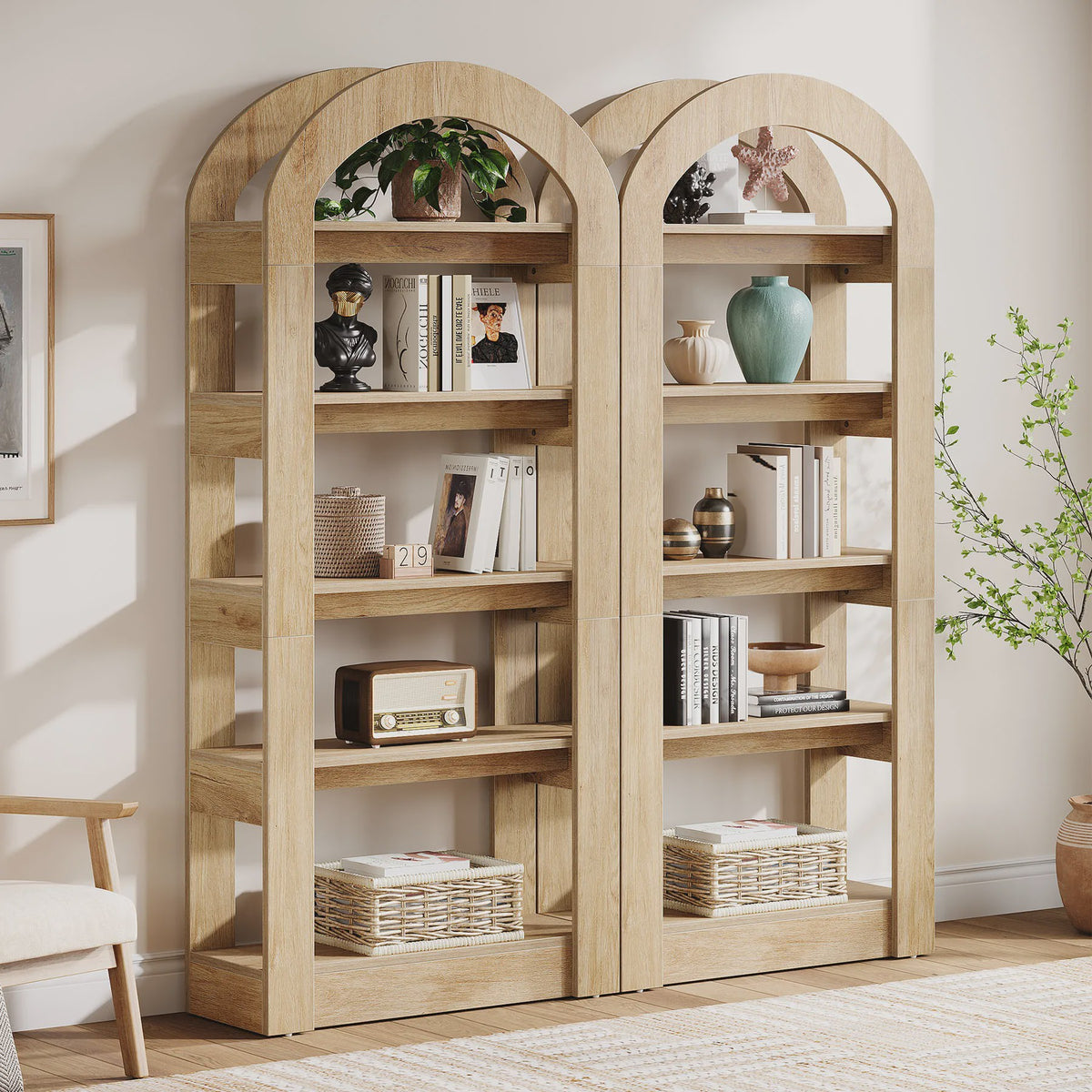 Houten Boekenkast met 5 Bogen - 71.6 Inch Hoge Staande Opbergkast in Teak Kleur