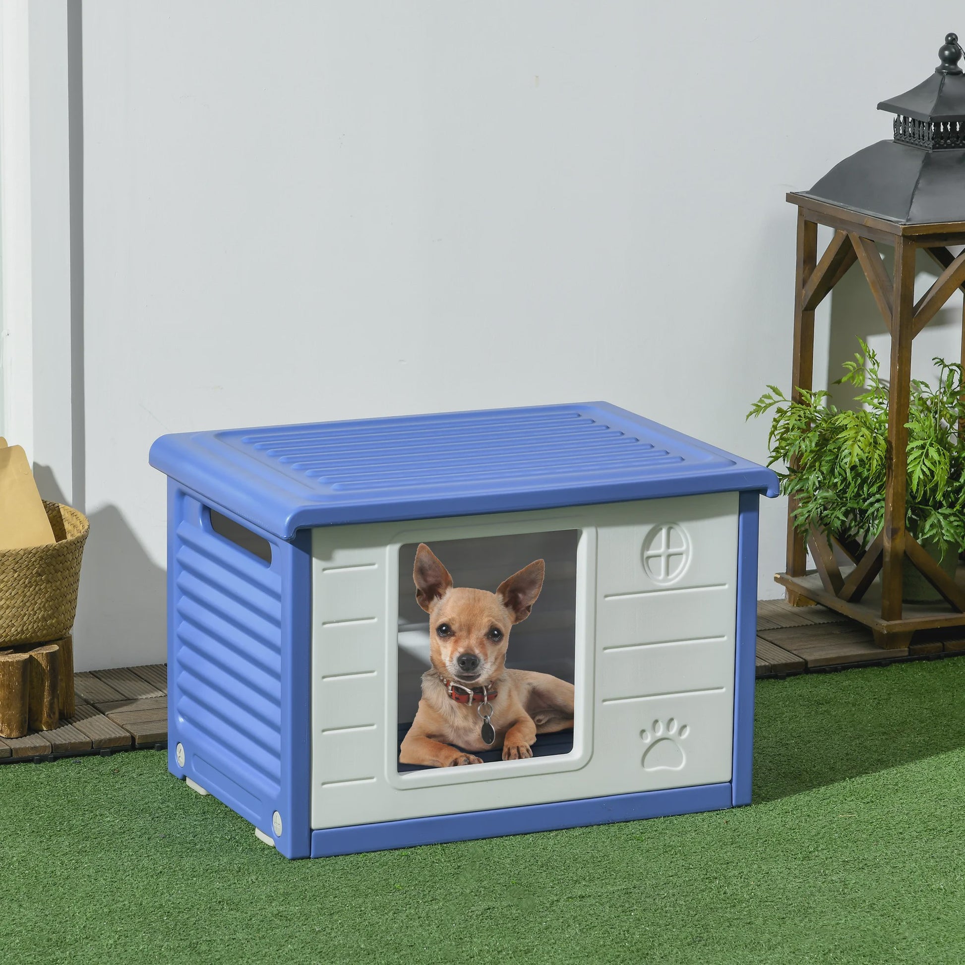 PawHut Buiten Hondenhok - Blauw/Wit Plastic met Ventilatie
