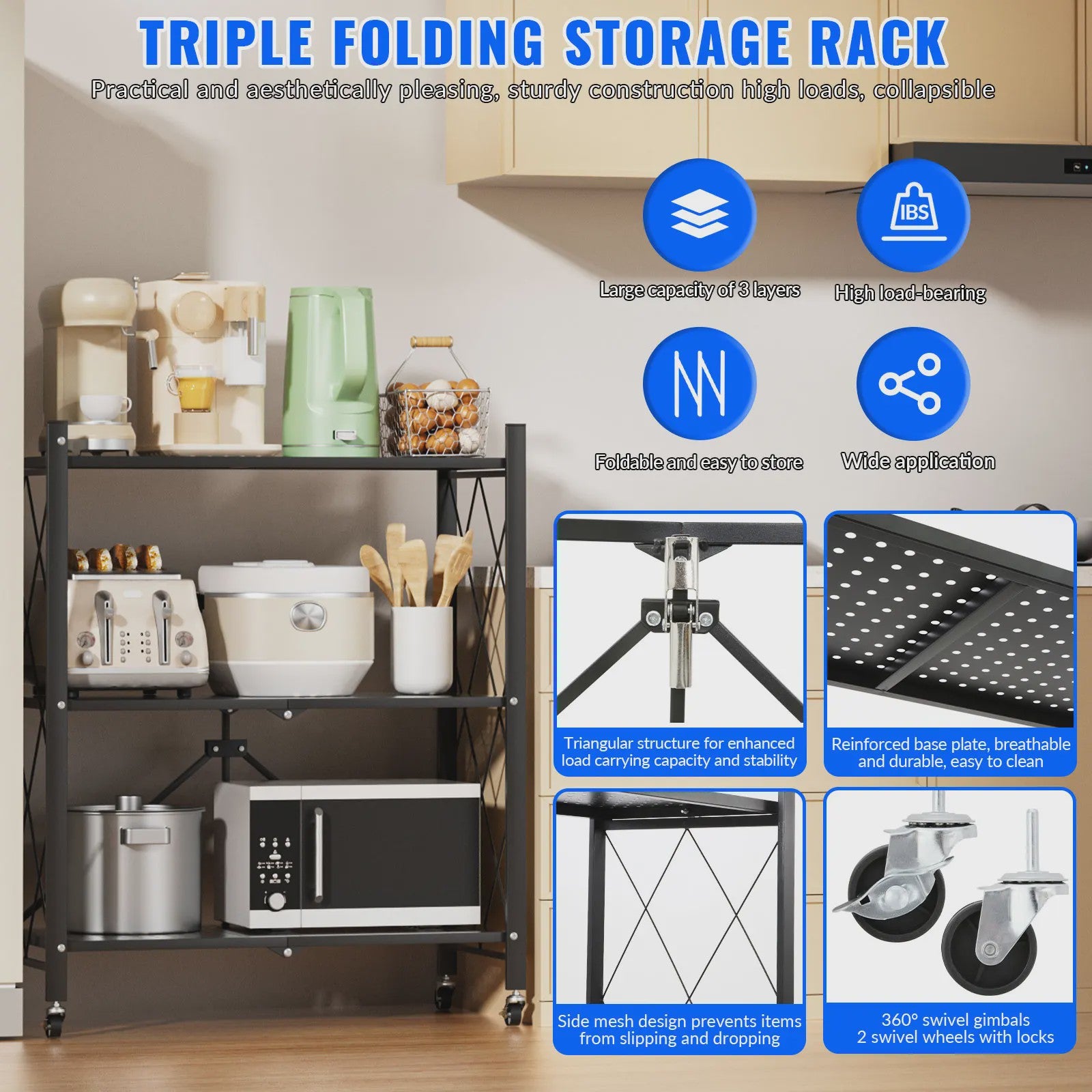 3-Laags Opvouwbaar Metalen Rek met Wielen - Flexibele Opbergoplossing voor Huis & Garage