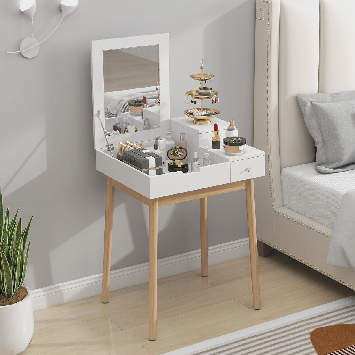 HOMCOM Kaptafel met Spiegel en 2 Lades - Modern Wit Design voor Slaapkamer of Woonkamer
