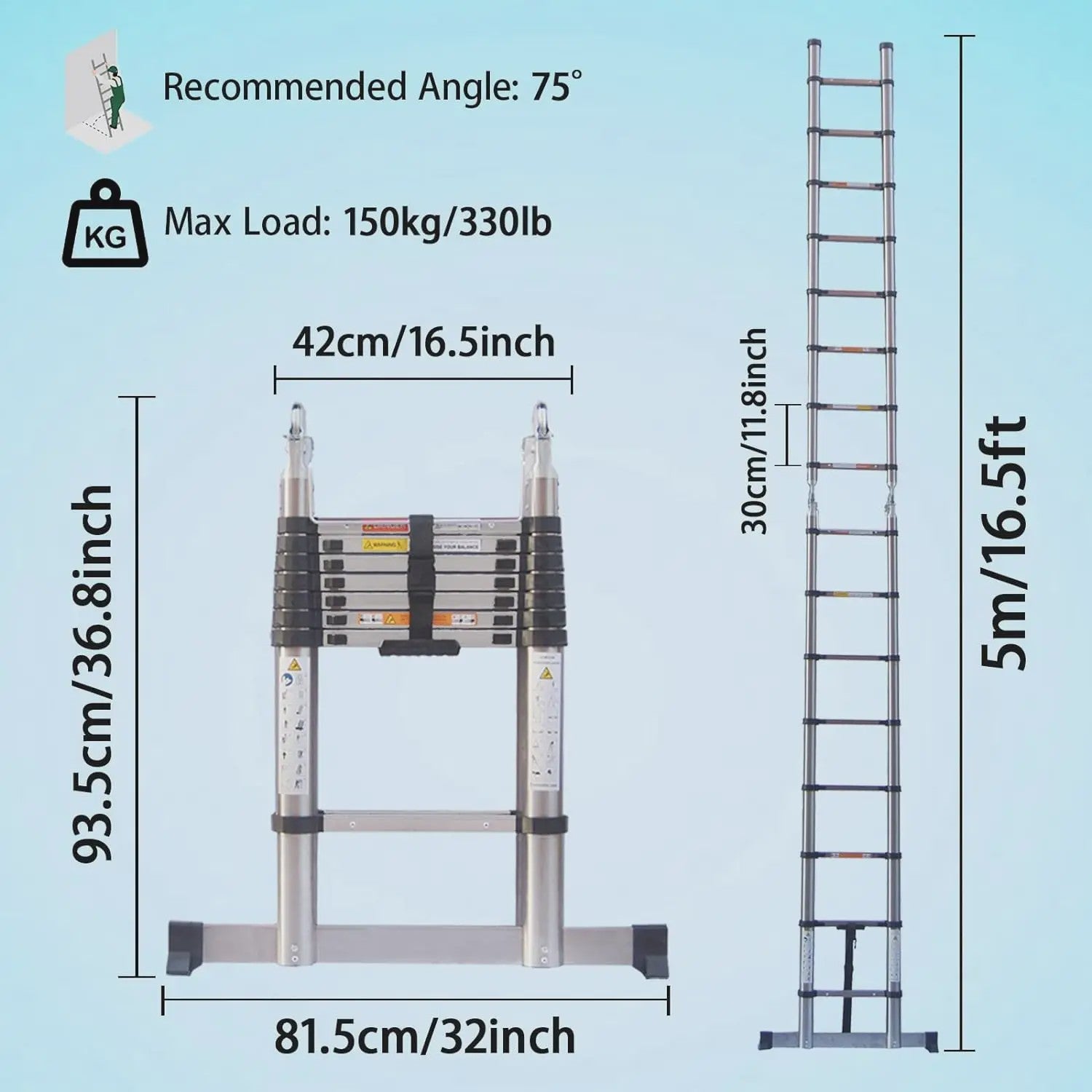 5 Meter Telescopische Ladder - A-Frame & Rechte Ladder - 150kg - RVS - Inklapbaar