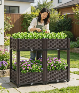 Verhoogde Plantenbak Dubbele Laag - 4 Vakken - 80x40x67cm - Buiten - Met Drainage