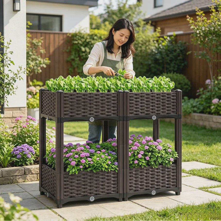 Verhoogde Plantenbak Dubbele Laag - 4 Vakken - 80x40x67cm - Buiten - Met Drainage