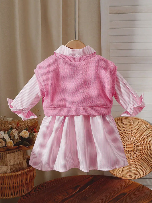 Baby Meisjes Jurk met Geborduurd Vest en Gestreept Shirt - Lente/Zomer Outfit