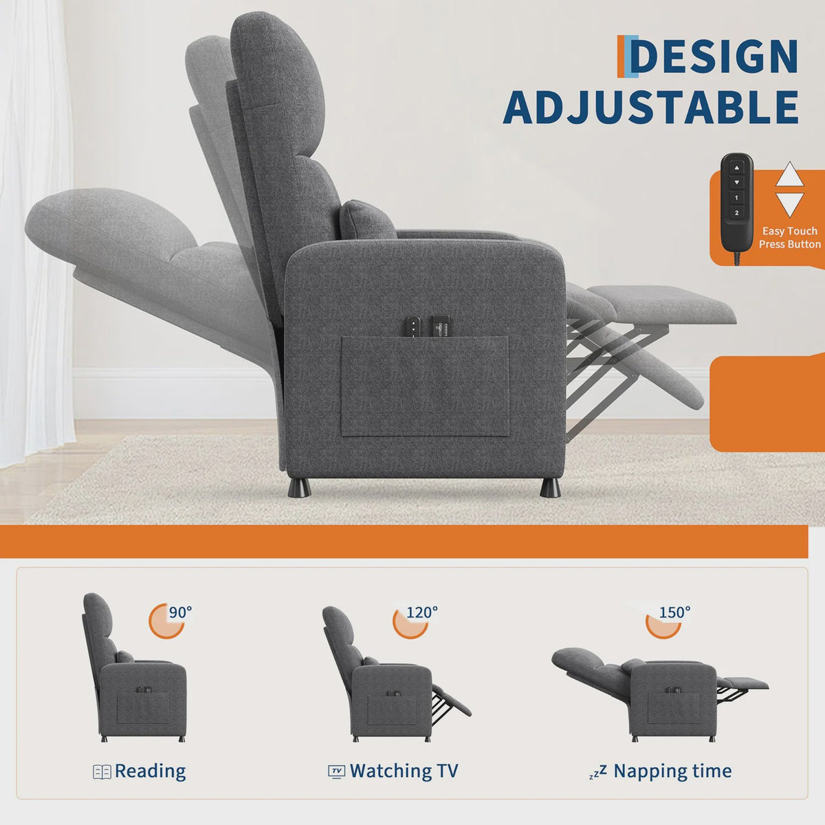 Elektrische Relaxfauteuil met Verwarmings- en Massagefunctie, USB-poort en Zijvakken