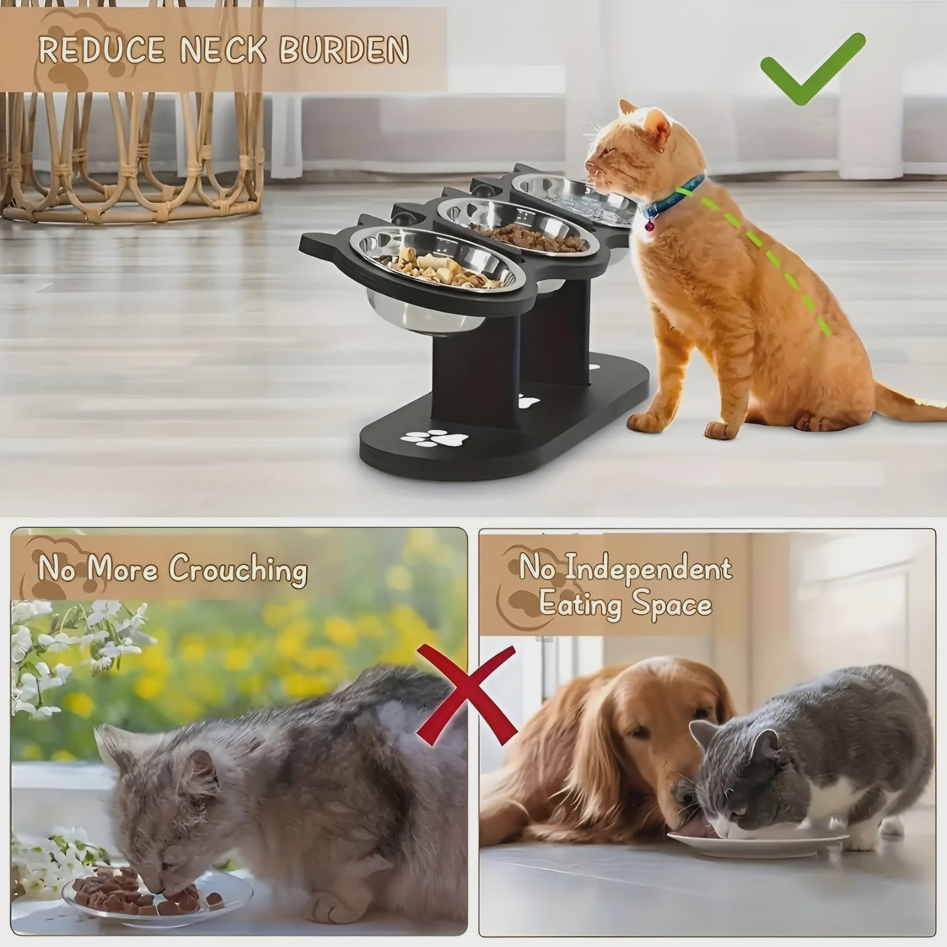 Verhoogde Kattenvoerbak met Houten Standaard & 3 RVS Bakjes - 15° Schuin