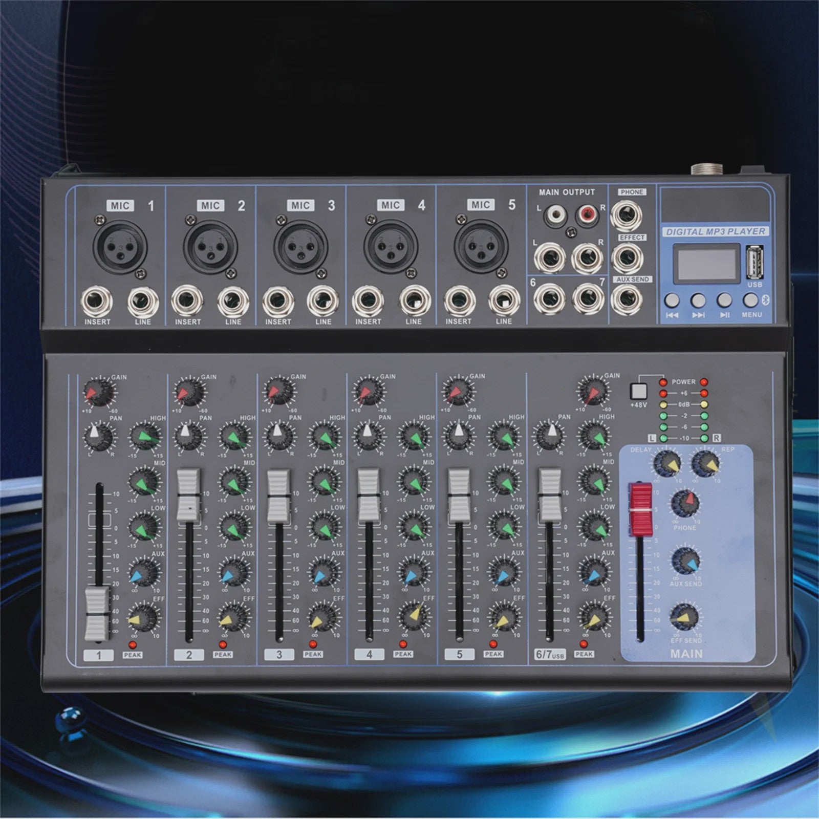 Professionele 7-Kanal Audio Mixer - Digitale Sound Console met USB MP3 Speler
