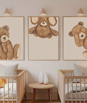 Set van 3 Schattige Bruine Beer Canvas Posters - Abstracte Dierenkunst voor Kinderkamer & Woonkamer