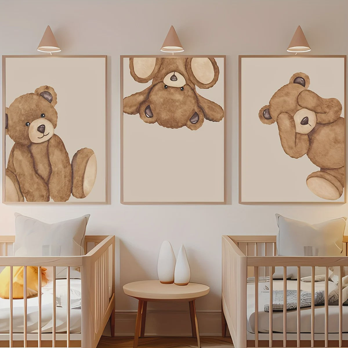 Set van 3 Schattige Bruine Beer Canvas Posters - Abstracte Dierenkunst voor Kinderkamer & Woonkamer