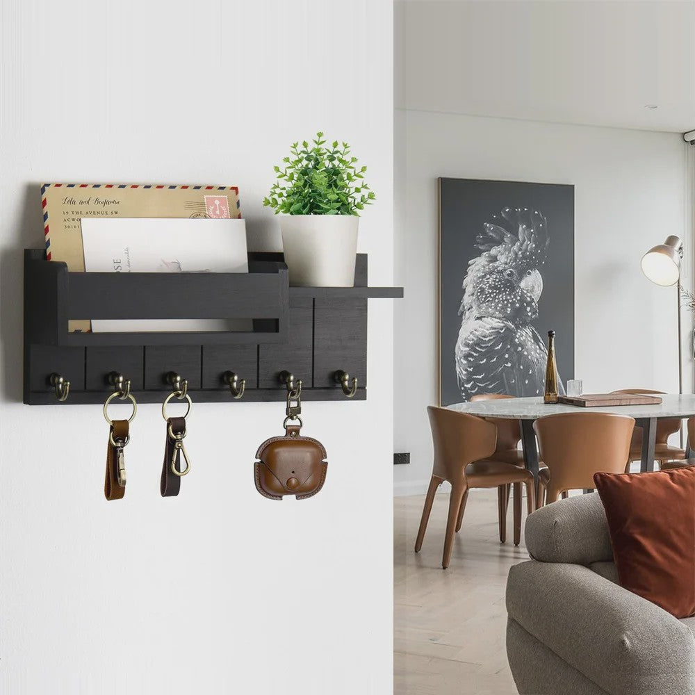 Rustieke Houten Wand Organizer met Postvak en 6 Sleutelhaken