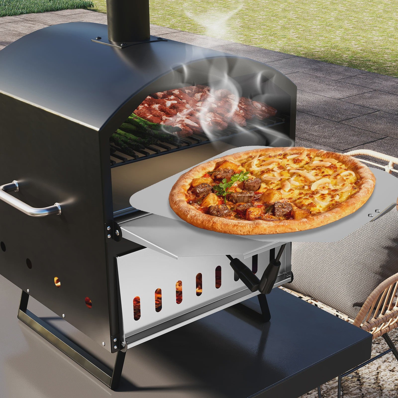 Houtgestookte Pizzaoven Buiten - Draagbare Pizza Maker met Steen, Spatel & Grillroosters