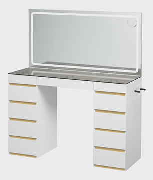 WOLTU Kaptafel met LED Spiegel, 11 Lades, Glazen Top & Oplaadpunt - Luxe Make-up Tafel