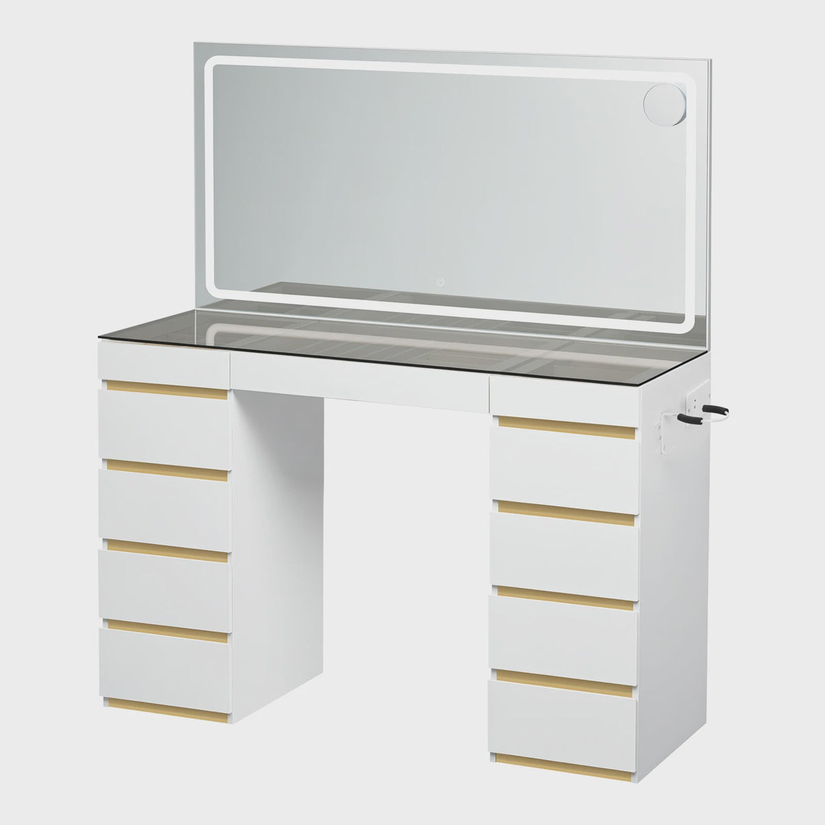 WOLTU Kaptafel met LED Spiegel, 11 Lades, Glazen Top & Oplaadpunt - Luxe Make-up Tafel