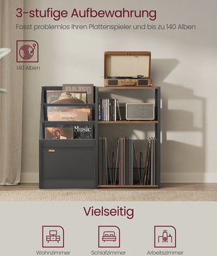 VASAGLE Platenkast met Draaitafelstandaard - 3 Verdiepingen voor Vinyl & Muziekapparatuur