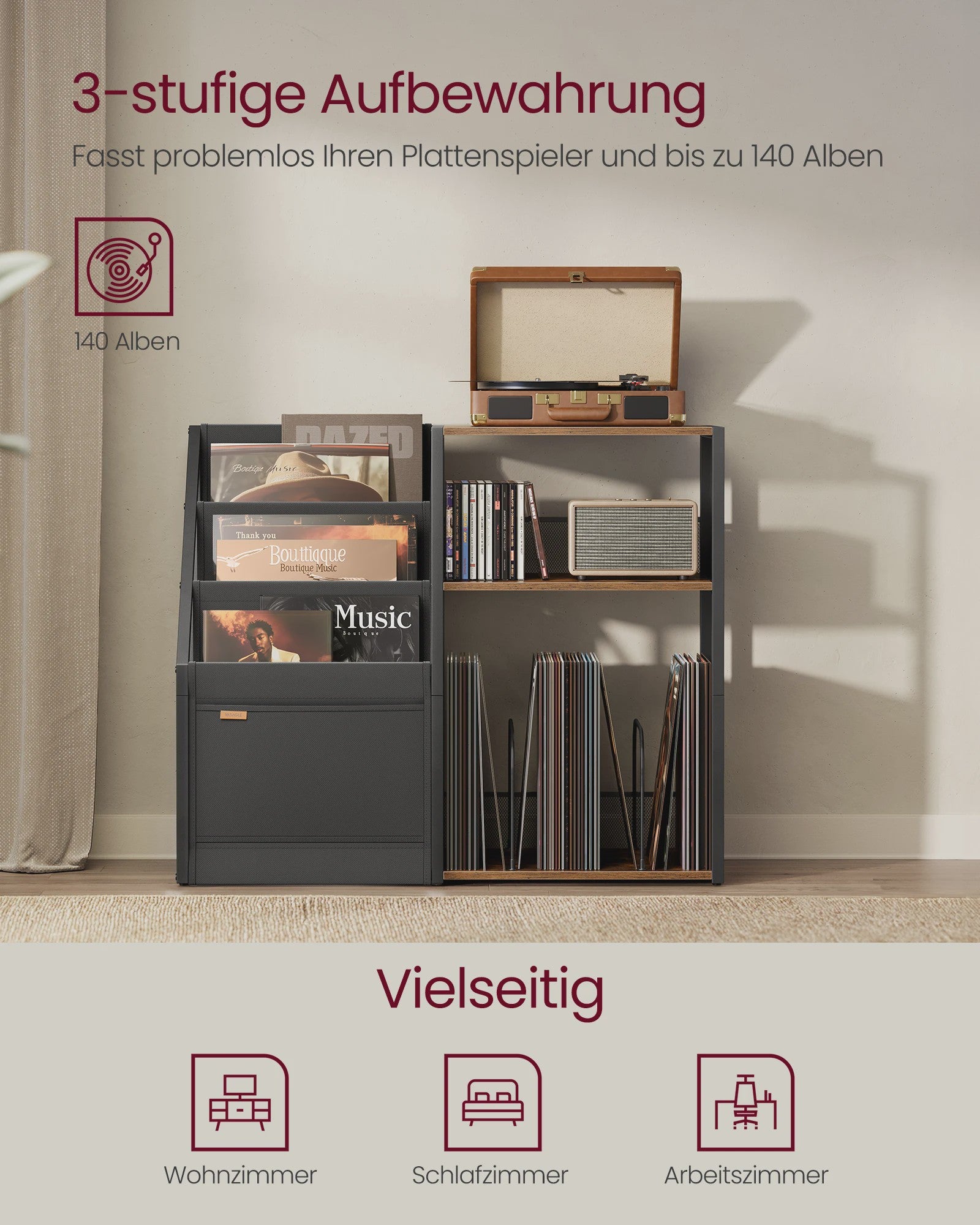 VASAGLE Platenkast met Draaitafelstandaard - 3 Verdiepingen voor Vinyl & Muziekapparatuur