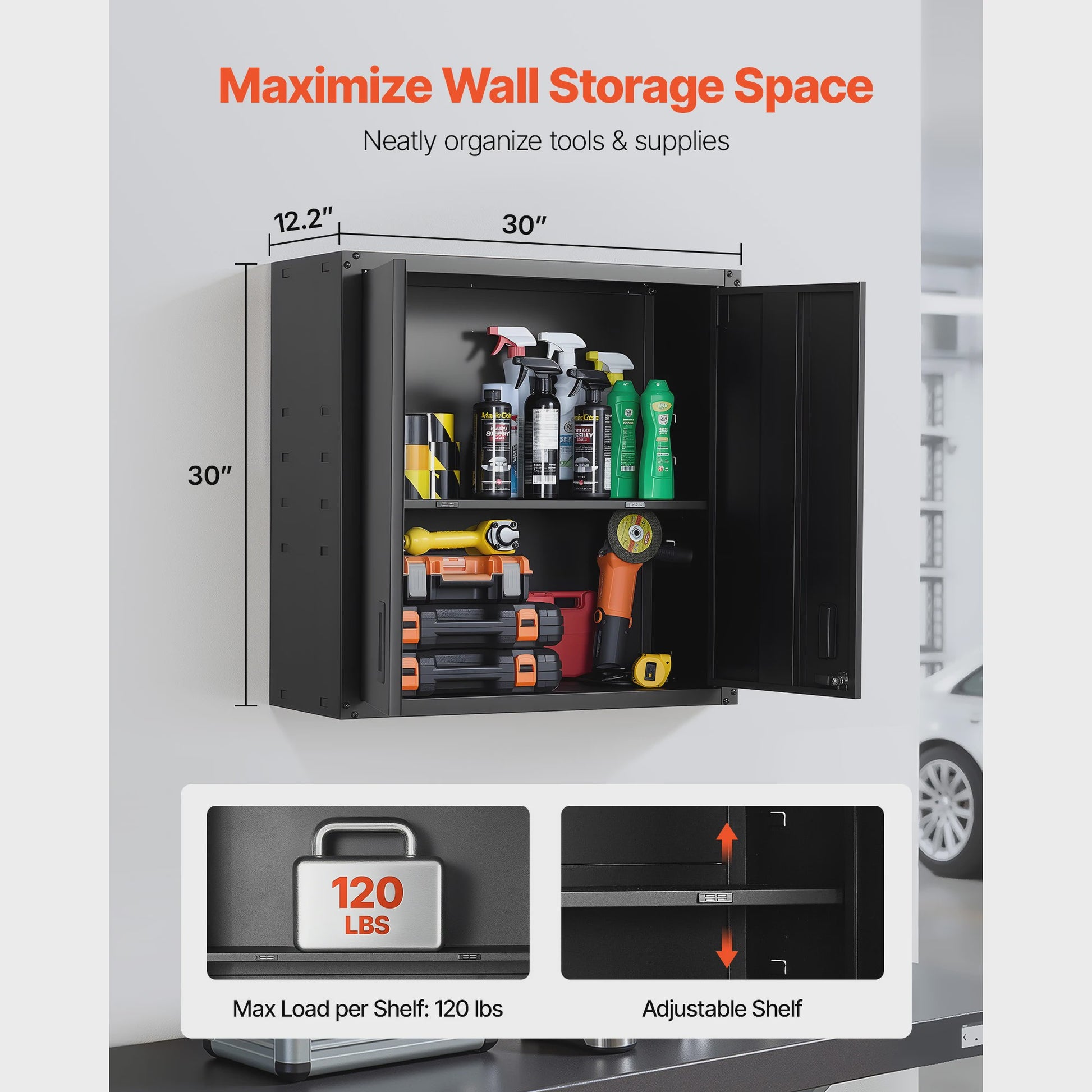 Metalen Wandkast 76x30x76cm - Afsluitbare Garage Opbergkast met Verstelbare Plank