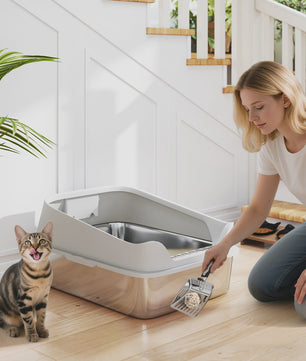 XXL Rvs Kattenbak met Hoge Rand, Lekvrij en Makkelijk Schoon te Maken, Inclusief Schep